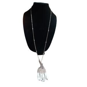 22" Beaded Boho Tasseled Necklace With Grey Tan White Colored Sparkly Beads